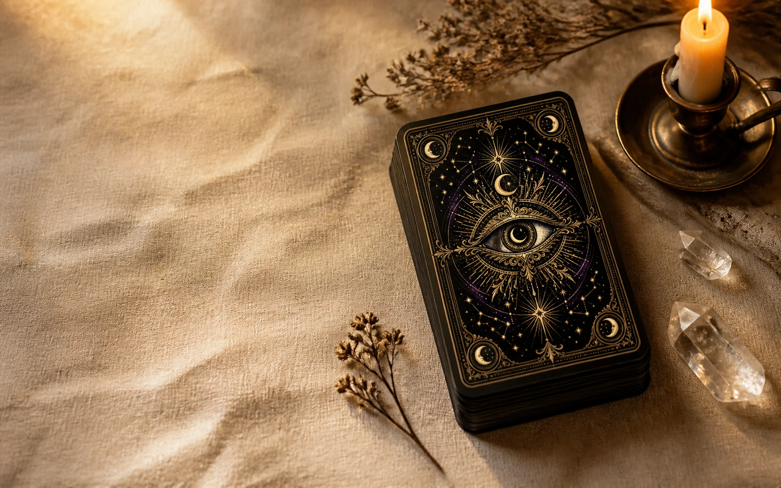 Jeu de tarot noir et doré, chandelle, cristaux et fleurs séchées sur un tissu ivoire
