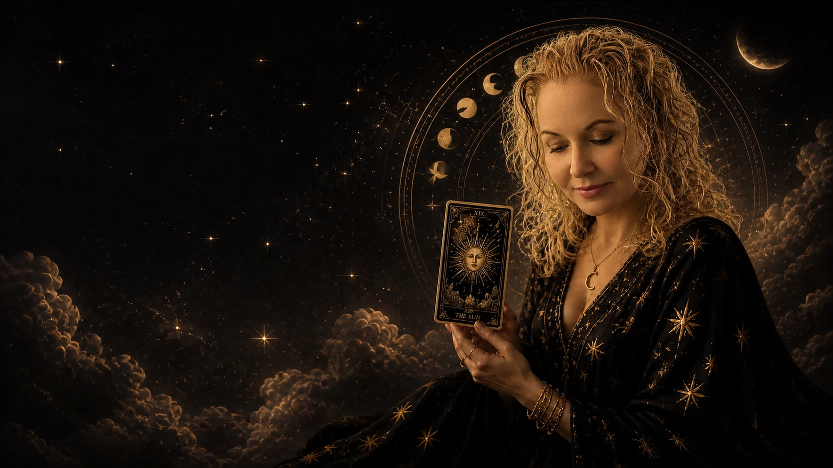 France tenant une carte de tarot, entourée d’étoiles, de nuages célestes et de phases lunaires